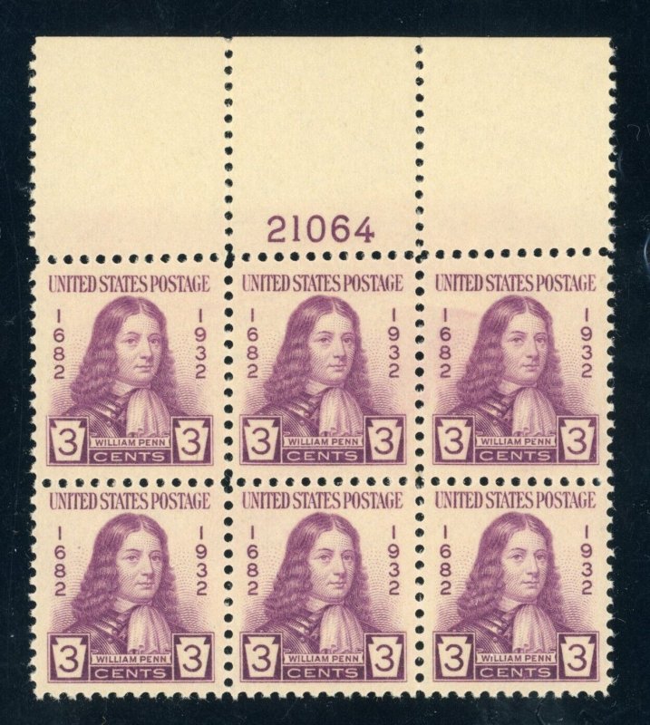 US Stamp #724 William Penn 3c - Plate Block of 6 - MNH - CV $12.50
