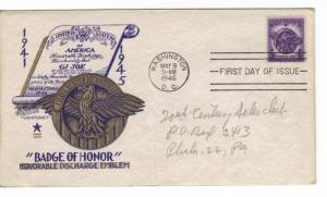 US 940 (Me-34) 3c Honorable Discharge FDC Cachet Craft/ Staehle Cachet ECV$90.00