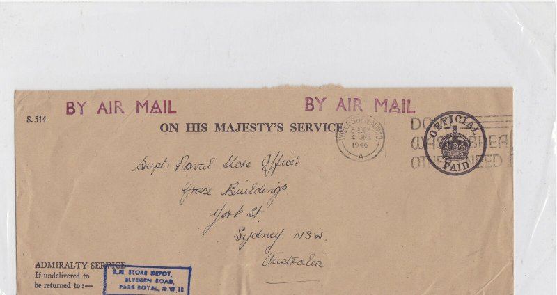 Admirality Service 1946 Sidney Australia Stamps Cover Ref: R7959 