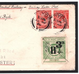 GB IOWCR RAILWAY 3d/2d Letter Stamp ISLE OF WIGHT Ryde KGV Cover 1920 RARE 26m 