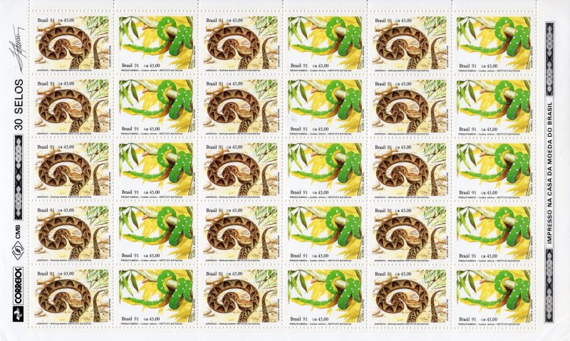 Brazil 1991 Sc#2316/2319 Dinosaurs-Snakes 2 Mini-Sheetlets (15 sets each)  MNH
