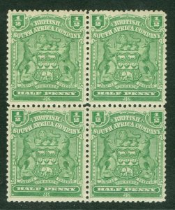 SG 75a Rhodesia 1898-1908. ½d yellow-green. Unmounted mint block of 4