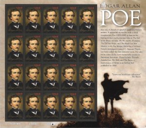 US 4377  MNH Pane of 20 - 42¢ stamps. Edgar Allan Poe.  SCV $23.50 FREE SHIPPING
