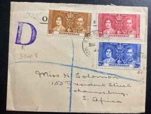 1937 Plymouth Montserrat Registered OHMS Cover To Johannesburg South Africa