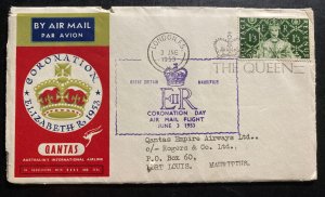 1953 London England Cover FDC To Mauritius Queen Elizabeth II Coronation Qantas