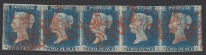 SG 5 1840 2d blue plate 1 horizontal strip of 5 lettered BA-BE. Very fine...