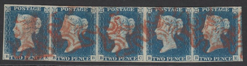 SG 5 1840 2d blue plate 1 horizontal strip of 5 lettered BA-BE. Very fine...