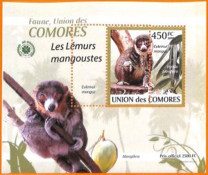A5584 - COMOROS - ERROR, 2009, MISPERF SOUVENIR SHEET: Mongoose lemurs, Fauna