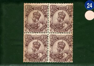 INDIA KGV Stamps SG.163 1½a Chocolate (1919) BLOCK OF FOUR Mint UMM MNH* OBLUE24