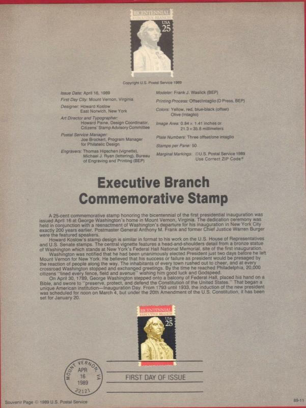 USA # 2414  SOUVENIR PAGE FDC EXECUTIVE BRANCH  STAMP   89-11