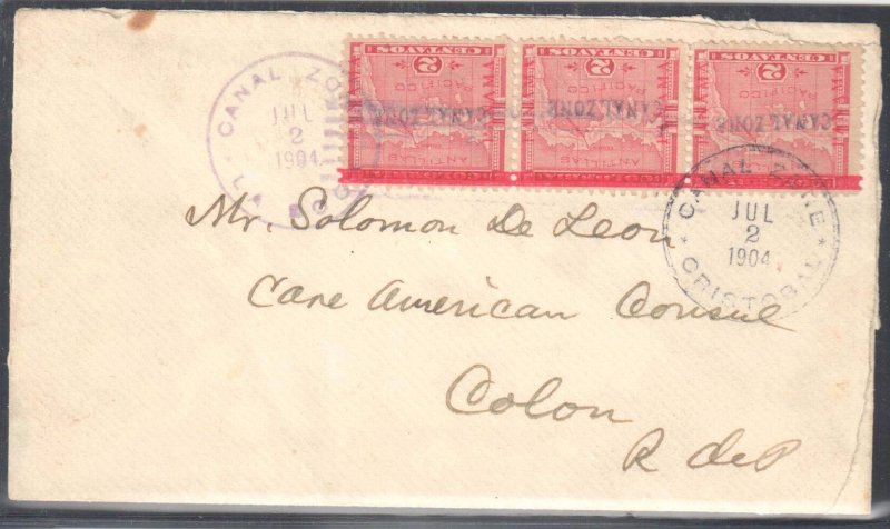 Canal Zone #1 Rare strip of 3 on Cover --APS Certifiation