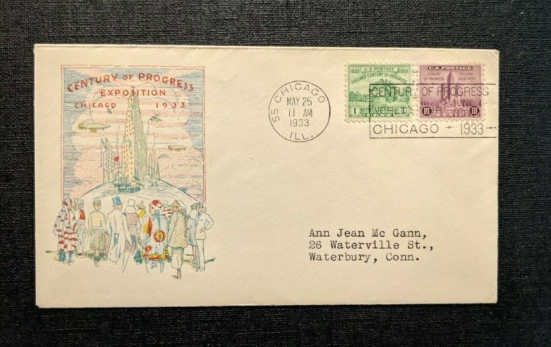 1933 Century of Progress Chicago IL FDC 728 29 Cover Waterbuy CT