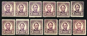 555, Mint H F-VF 3¢ - WHOLESALE Lot of 12 Stamps CV $156. * Stuart Katz