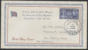 1939 Newfoundland #249 Royal Visit FDC Unusual Cachet Royal Landing