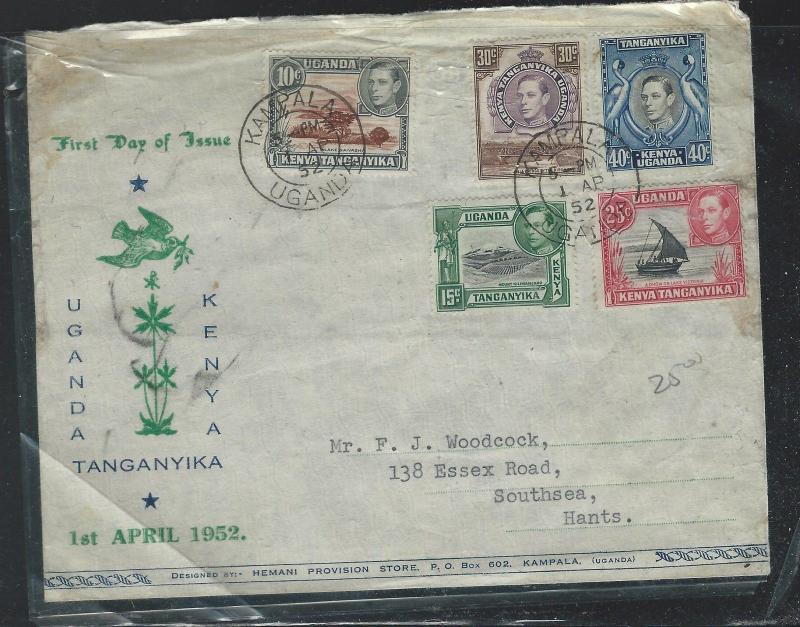 KENYA, UGANDA, TANGANYIKA (3009B) 1952 KGVI NEW COLORS 5 VALUES FDC TO ENGLAND