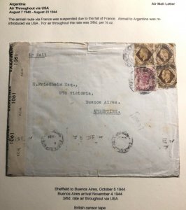 1944 Sheffield England Airmail censored Cover To Buenos Aires Argentina