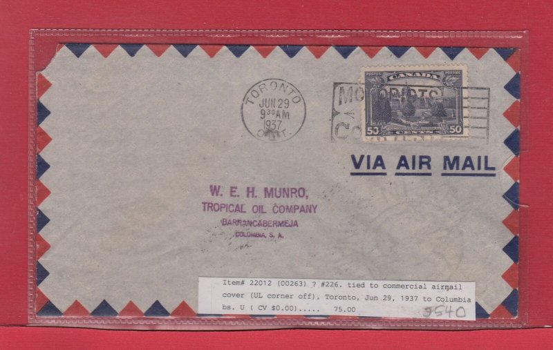 50c single use Parliament Buildings to COLOMBIA 1937 50c per half ounce airmail