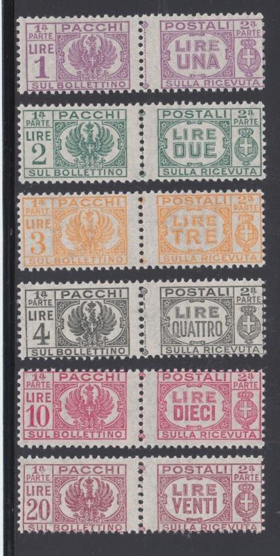 Italy Sc Q55-Q60 MNH. 1946 Parcel Post issue, complete set of pairs, fresh