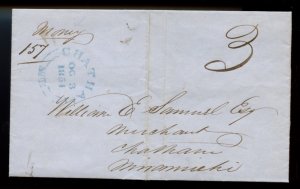 ? 1851 MONEY LETTER  RICHIBUCTO to blue ink CHATHAM N.B. 3pence SFL Canada