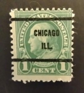 US Scott 632 1c Franklin USED F/VF NH Perf 11x10.5 Chicago Ill PRECANCEL 1927