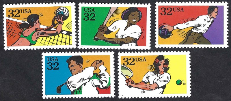 United States #2961-65 32¢ Recreational; Sports (1995). Five singles. MNH