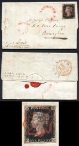 Penny Black (OD) Plate 6 Four Margins YARMOUTH I.W. CRIMSON-PINK Cross on Cover