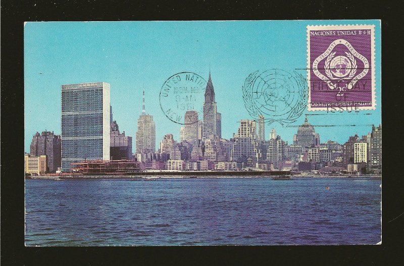 United Nations 3 on Postmarked New York 1951 First Day of Issue Postcard