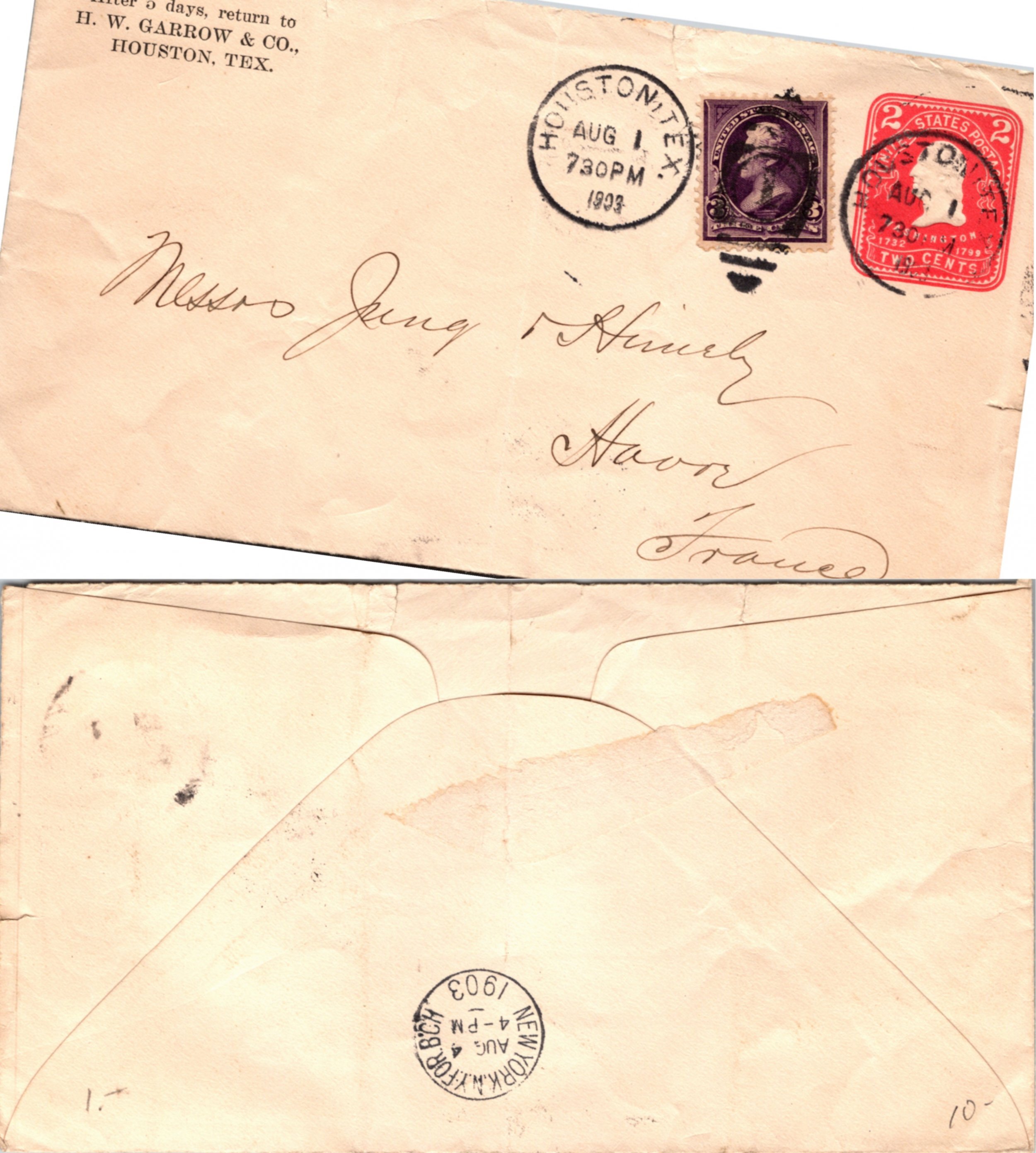 Houston, Harris County, To France ( Postal History ), 1903 United
