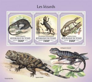 Chad - 2021 Lizards, Monitor Lizard, Elegant Gecko - 3 Stamp Sheet - TCH210315a 