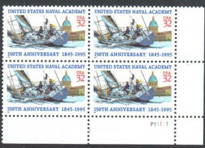 1995 Naval Academy 150th Anniv. Plate Blk Of 4 32c Stamps, Sc#3001, MNH, OG