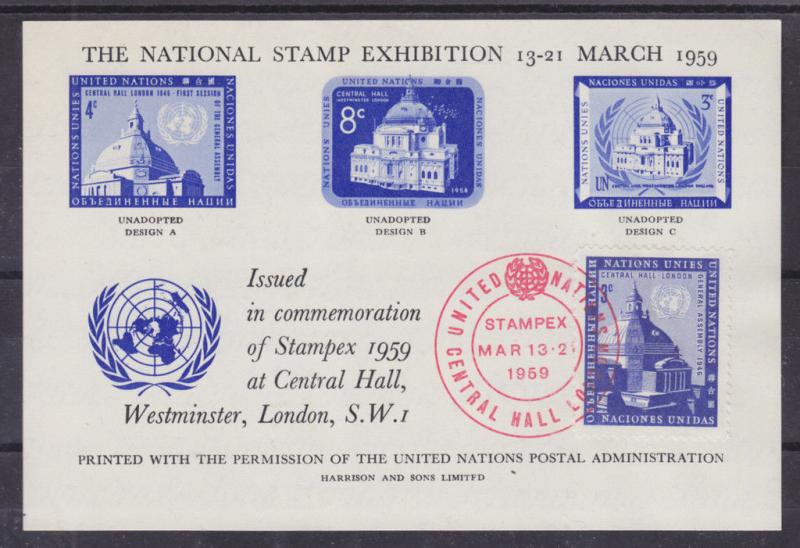 UN, New York Sc 61 on 1959 Semi-Official Souv Sheet, National Stamp Exhibition