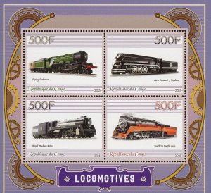 Congo Locomotive Southern Pacific  Flying Scotsman Souvenir Sheet of 4 Stamps Mi