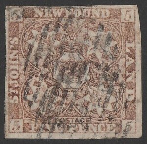 NEWFOUNDLAND 1862 Crown & Flowers 5d chocolate-brown. SG 19 cat £325.