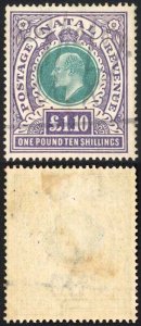 Natal SG143 One Pound 10/- Green and Violet Fiscal Cancel