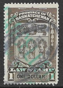 CANADA REVENUES SASKATCHEWAN 1908 $1.00 LAW STAMP VDM. SL39 Used