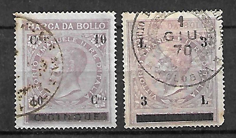 KINGDOM ITALY FISCAL REVENUE TAX 2 STAMPS c1866, KING VEII