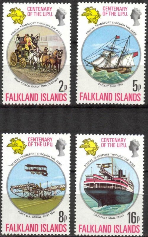 Falkland Islands 1974 Centenary of UPU Ships Coach Airplanes Set of 4 MNH