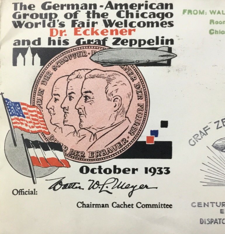 1933 Chicago USA LZ127 Graf Zeppelin Flight cover To Century Of Progress Exhibit
