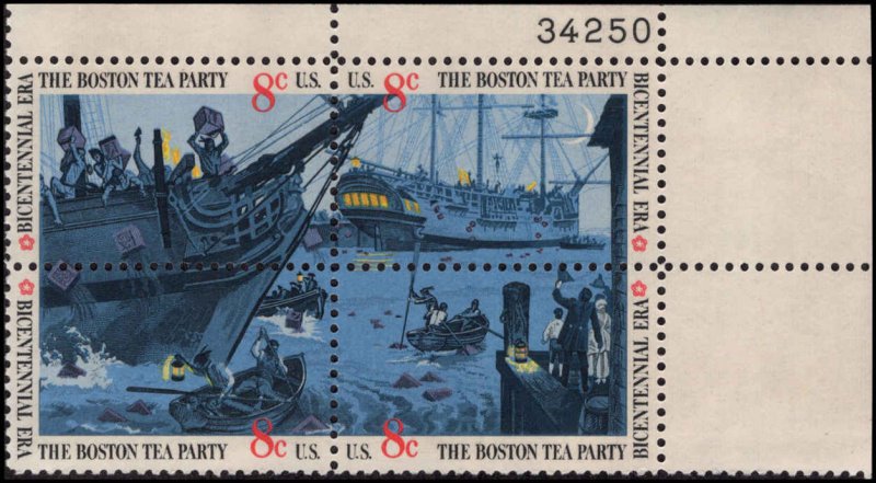 US #1480-83 THE BOSTON TEA PARTY MNH UR PLATE BLOCK #34250 DURLAND .80¢