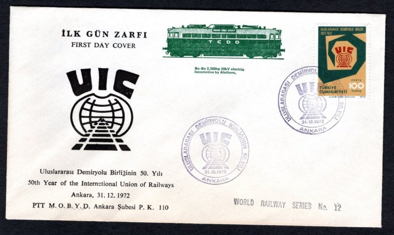 Turkey #1920 International Railroad Union, First Day Cancel