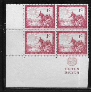 United Nations 1, 1c 1951 Definitives MI Block of 4 MNH (z1)