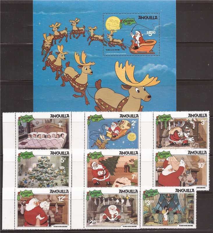 Anguilla - 1981 Disney Night Before Christmas - 9 Stamp Set + Souvenir Sheet