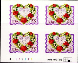 1999 Plate Block 3275 55c Victorian Love Heart Lace Roses