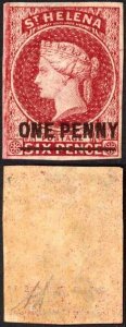 St Helena SG4 1d Lake 16/17mm overprint M/M Cat 150 pounds