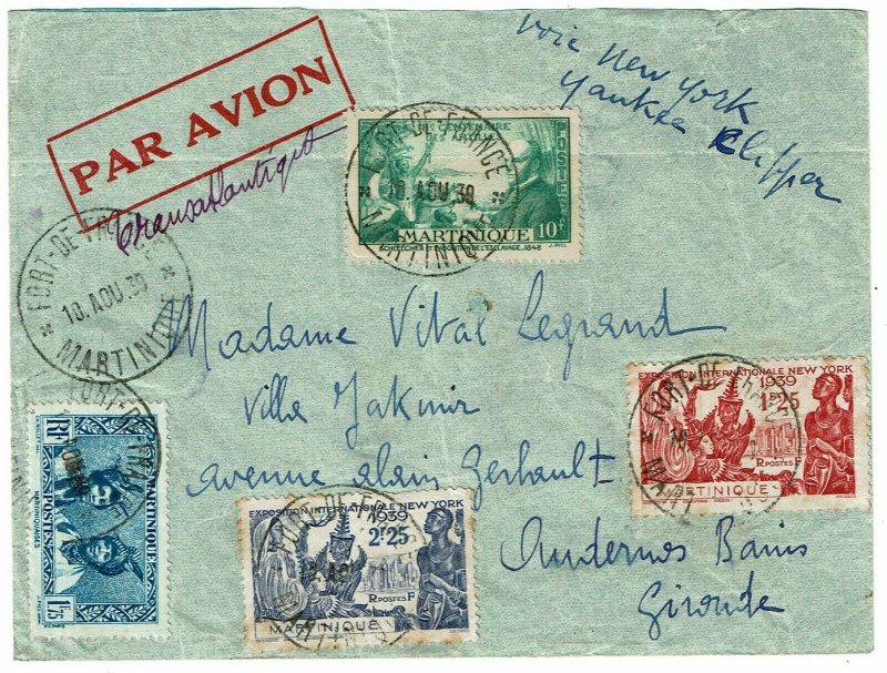 Martinique 1939 Fort de France cancels on clipper cover to France, Scott 178