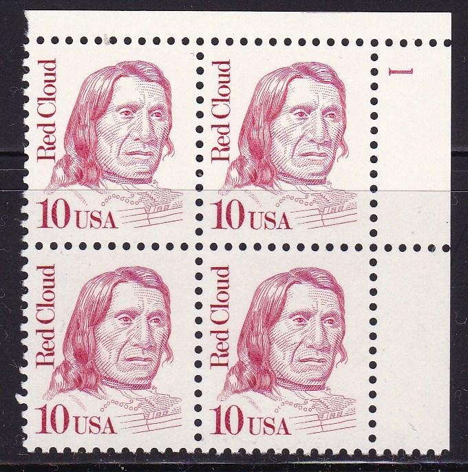 United States 1986 Great Americans 10c Red Cloud Plate Number Block VF/NH