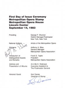 Signed USPS FDC Ceremony Program #2054 Metropolitan Opera Lincoln Ctr 1983