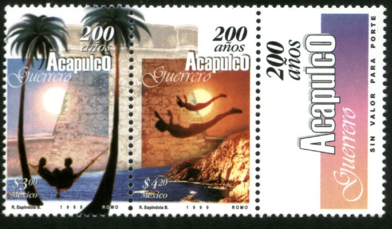 MEXICO 2116a, Acapulco, 200th Anniv pair WITH LABEL. MINT, NH. VF.