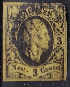 Saxony 8 (used) 3ng Frederick Augustus II, black on yellow paper (1851)