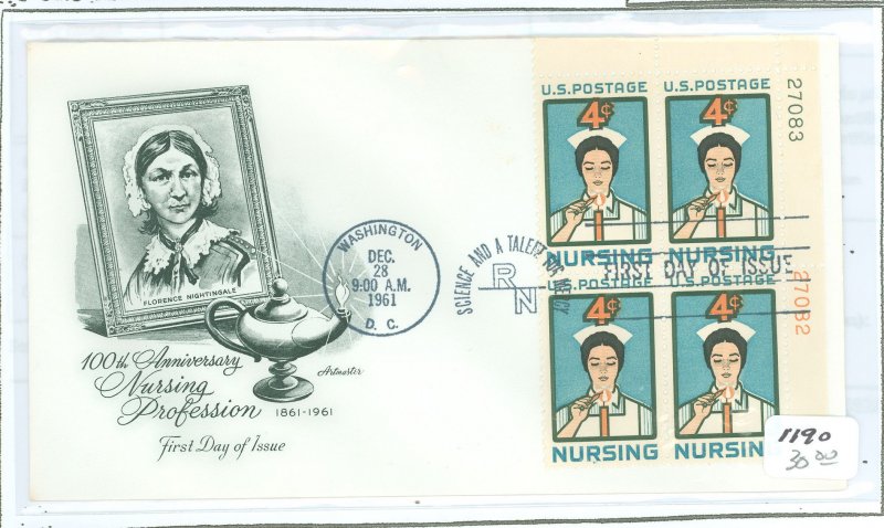 US 1190 1961 Nursing FDC; plateblock of 4 #27083-27082